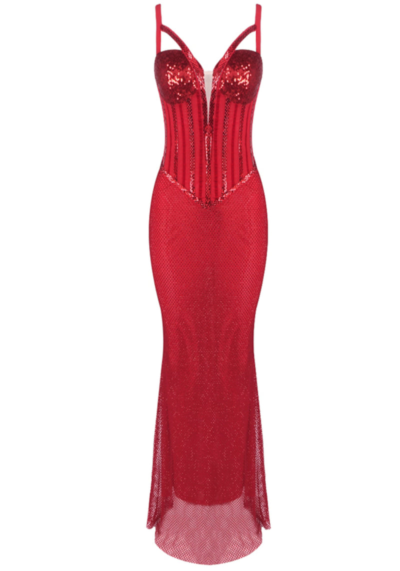 Ratana Sequin Corset Sparkly Maxi Dress In Red