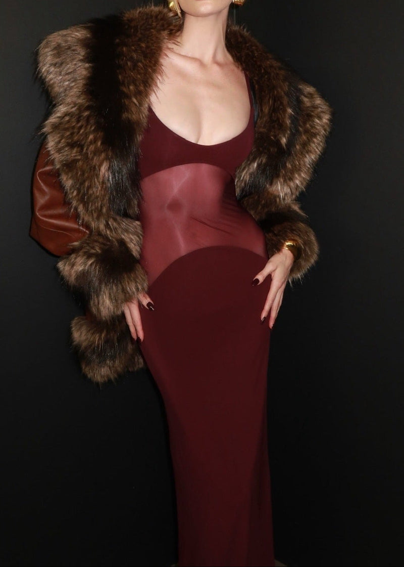 Nyxara Sheer Knit Curve Maxi Dress In Merlot