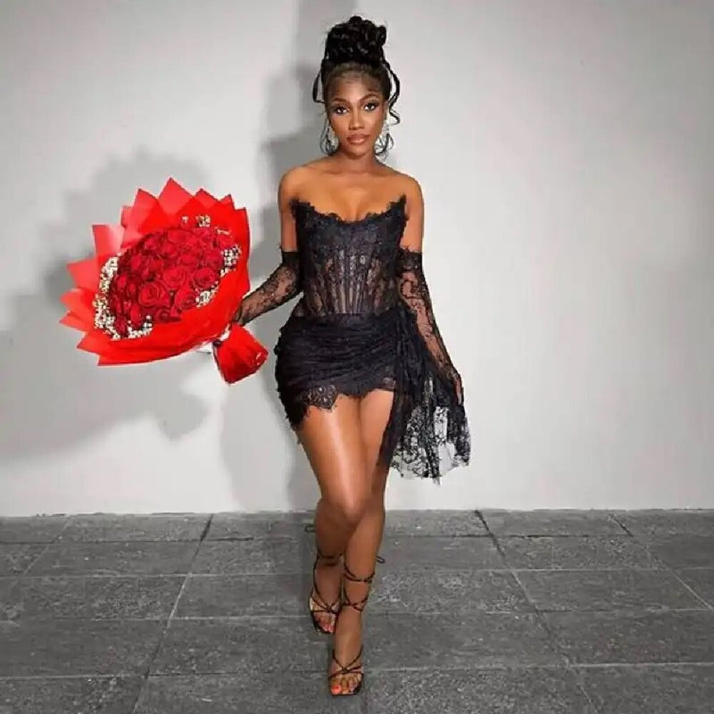 Kellie Strapless Lace Appliques Mini Dress In Black