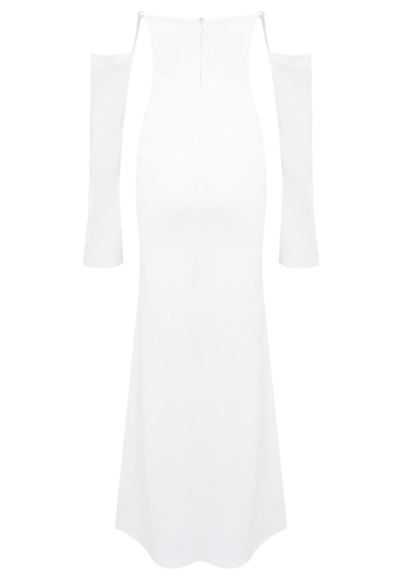 Radka Long Sleeve Strapless Draped Maxi Dress In White