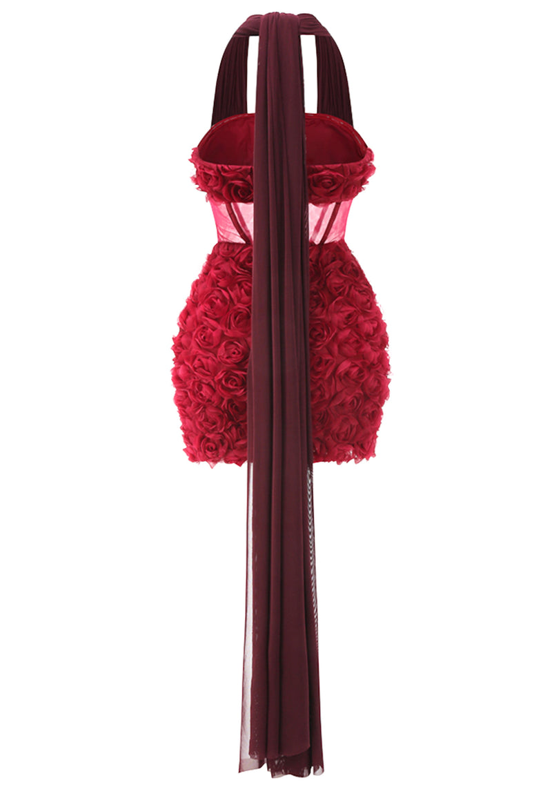 Shatora Halter Floral Corset Mini Dress In Red