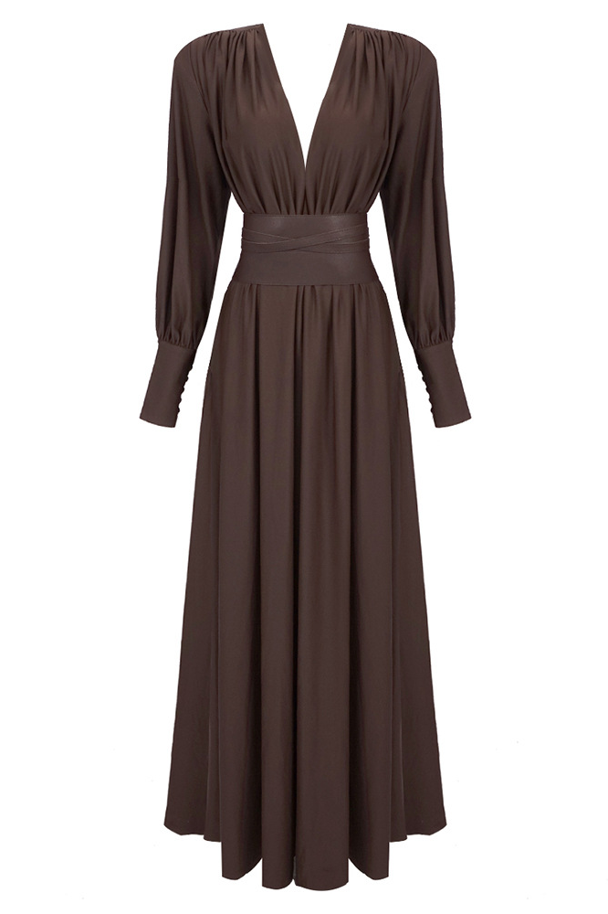 Wendie Long Sleeve Plunge V Neck Maxi Dress