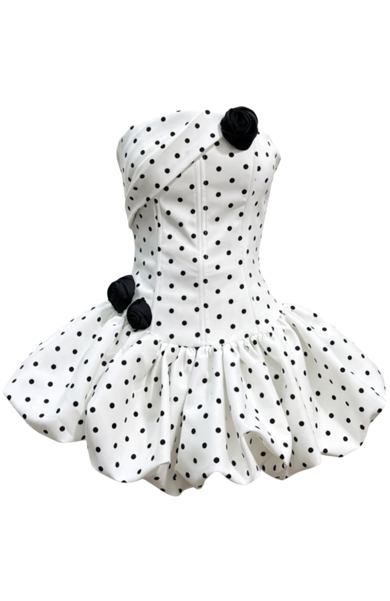 Ahanu Polka Dot Strapless Floral Corset Puff Mini Dress In White