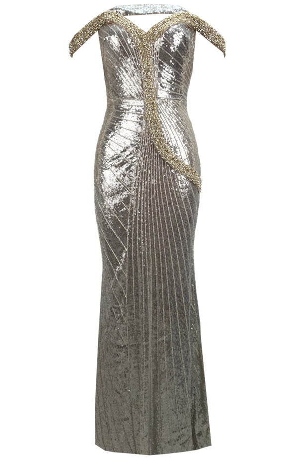 Othmar Embellished Bardot Sequin Maxi Dress In Platinum