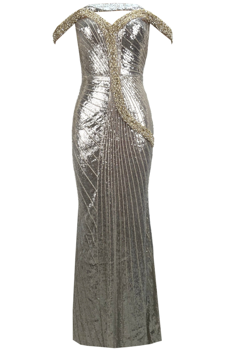 Othmar Embellished Bardot Sequin Maxi Dress In Platinum