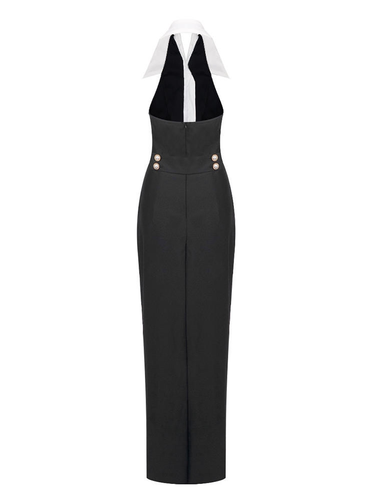 Viceroy Lapel Color Block Button Sleeveless Maxi Dress