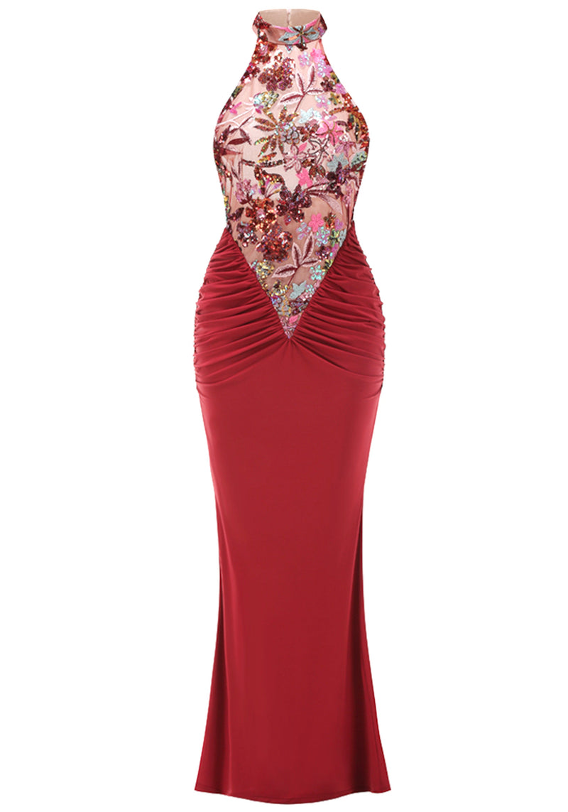 Kyxara Halter Floral Sequin Embroidered Maxi Dress In Green