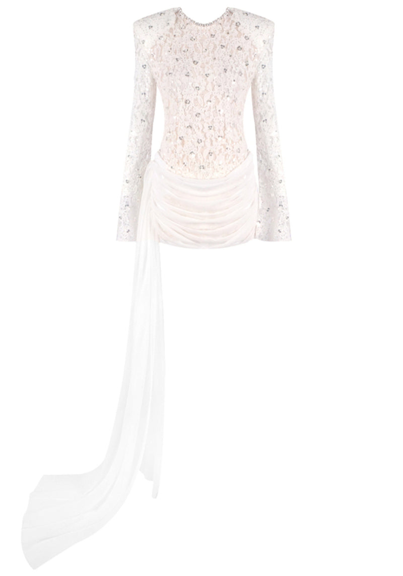Jyrithia Long Sleeve Draped Sequin Lace Mini Dress In White