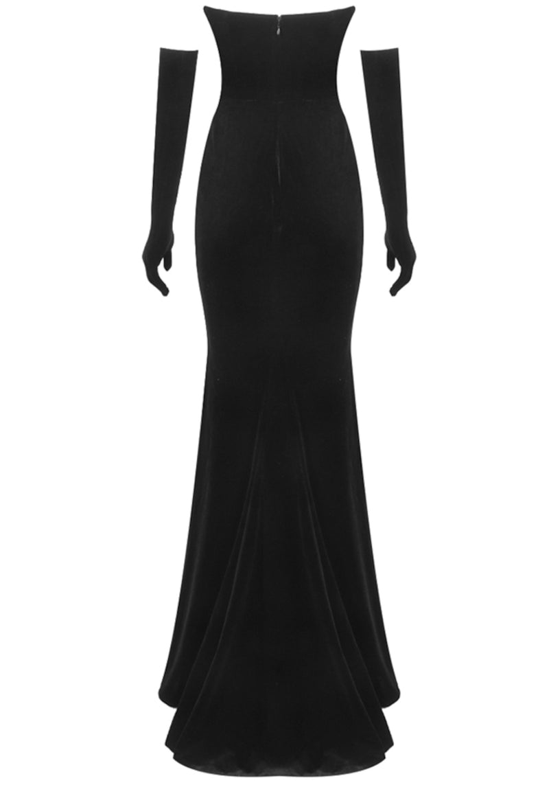 Roswitha Strapless Gold Applique Maxi Velvet Dress In Black