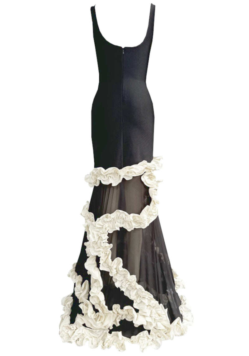 Aeris Ruffle Mesh Maxi Dress In Black White