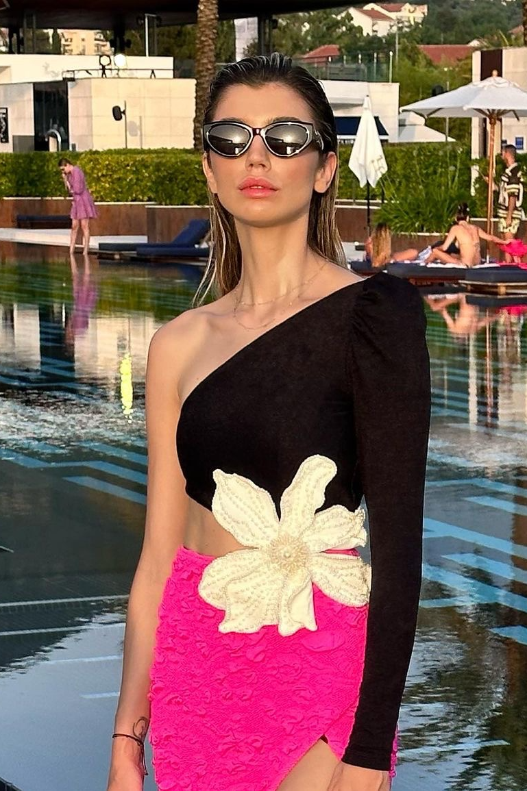 Unika Colorblock Beaded Floral One-Shoulder Bandage Maxi Dress