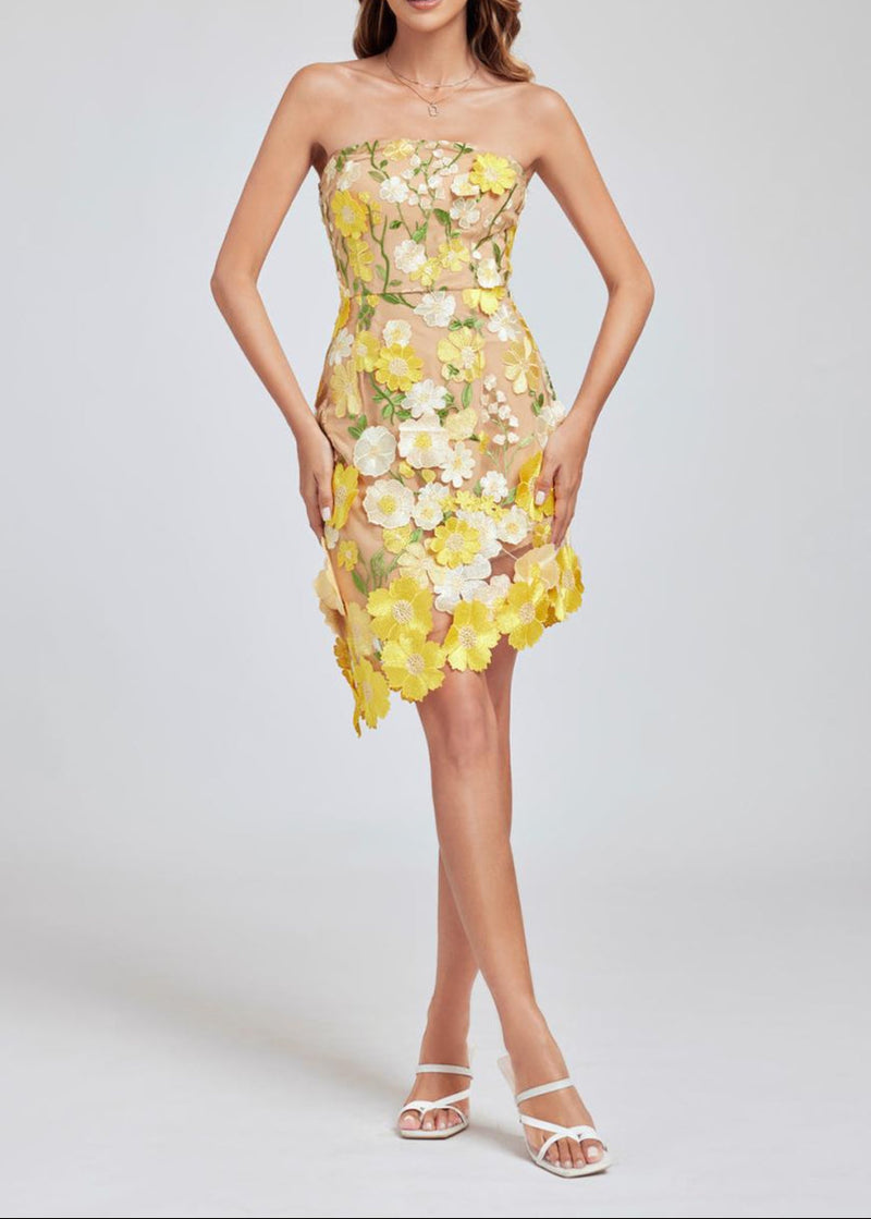 Paprika Strapless Embroidered Flower Mini Dress