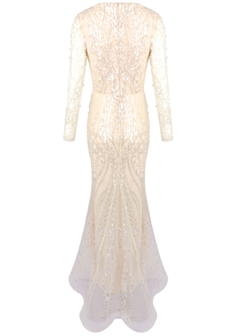 Hyrthos Long Sleeve Pearl Sequin Maxi Dress In Ivory