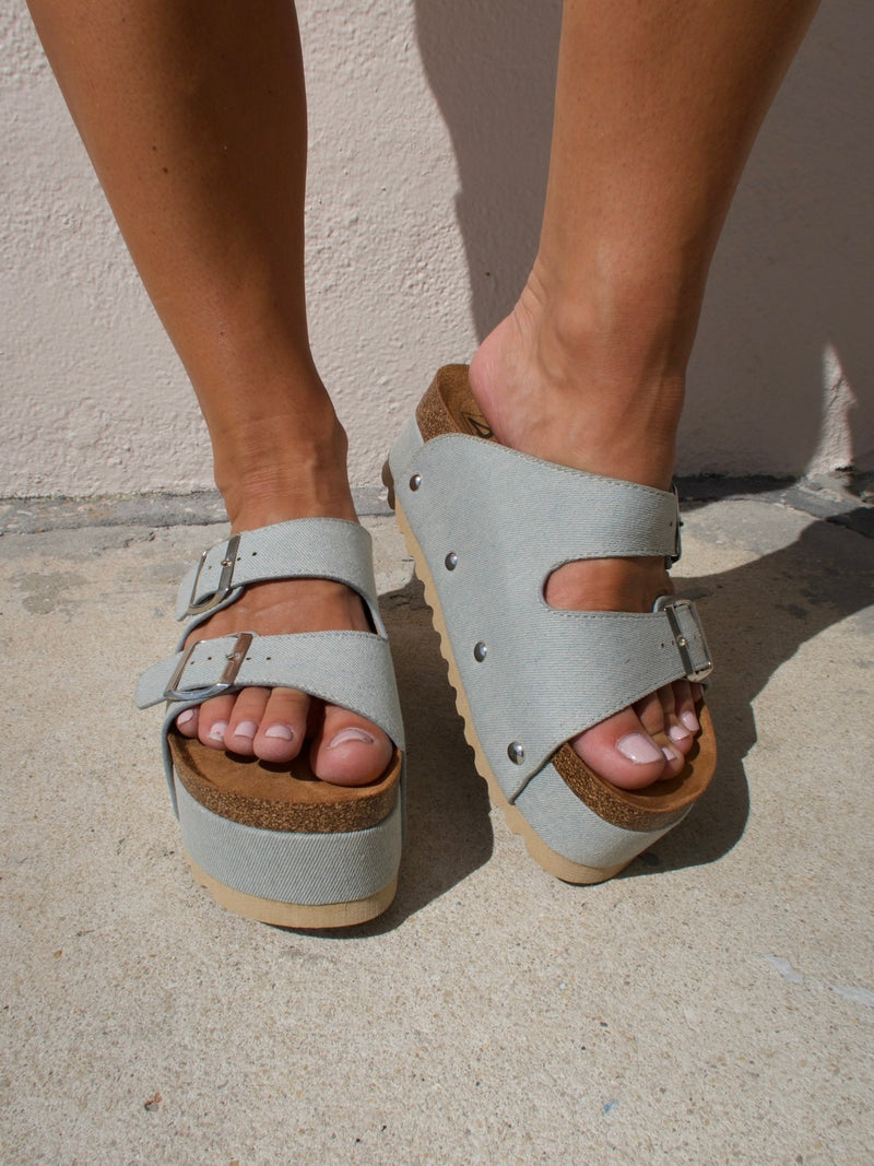 Pueblo Stacked Double Strap Slides Denim