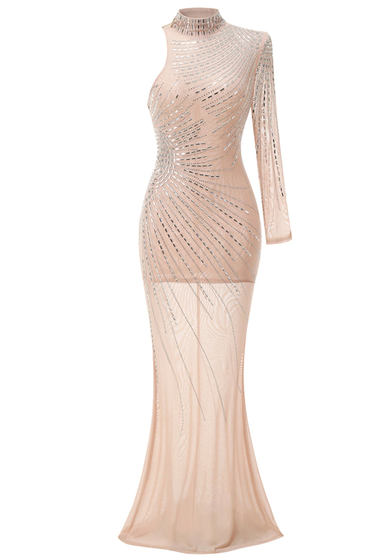 Harini One Sleeve Embellished Mesh Maxi Dress In Nude