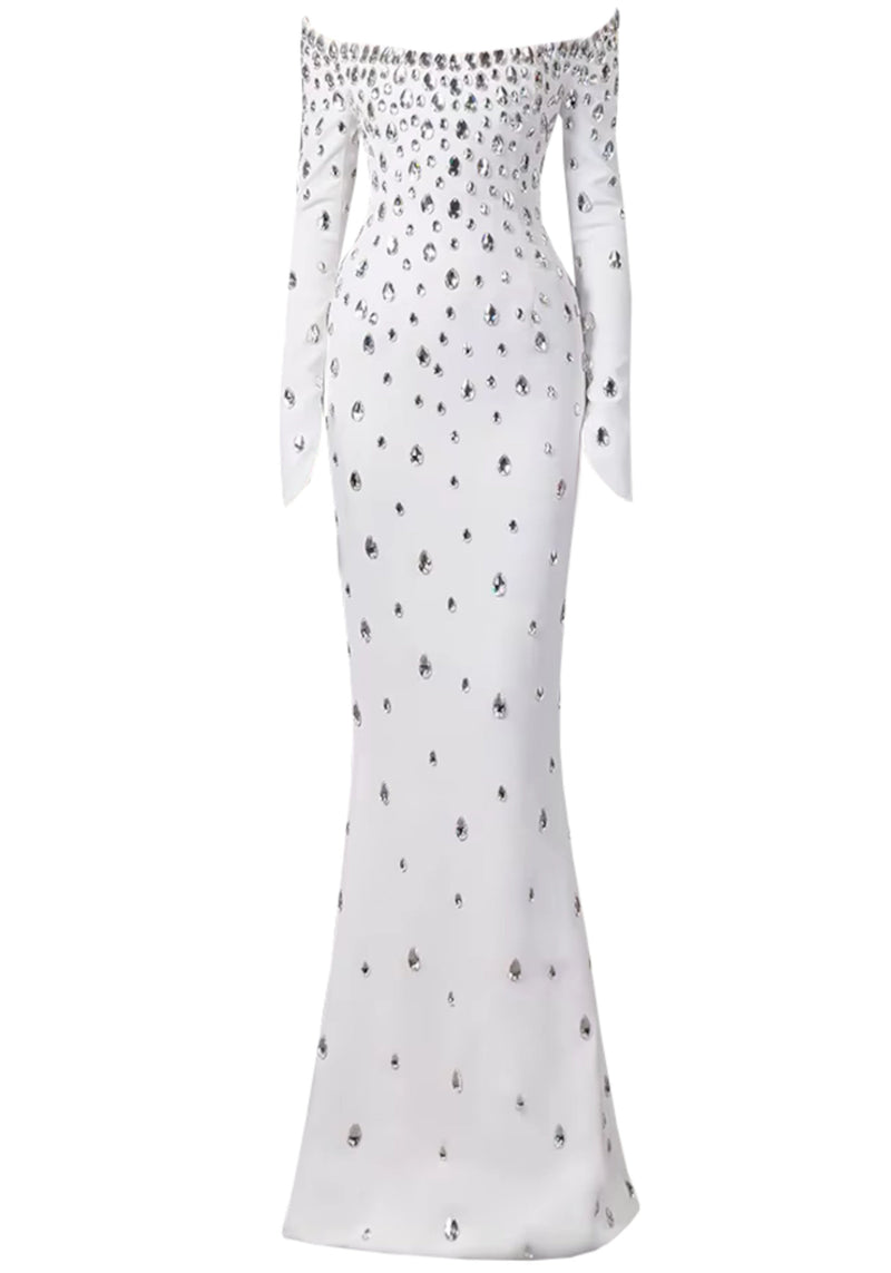 Bethel Long Sleeve Crystal A Line Maxi Dress In White
