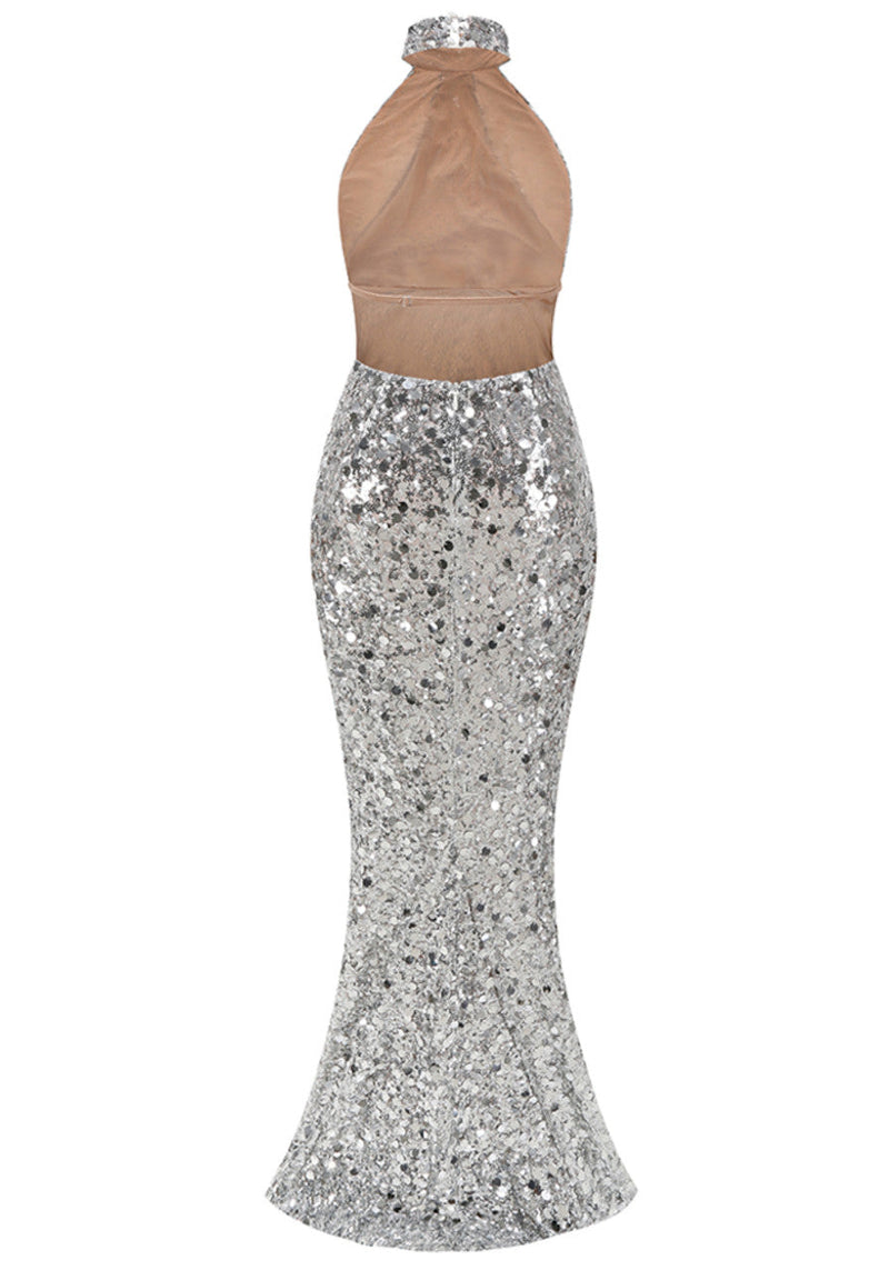 Nebulae Halter Sequin Crystal Backless Maxi Dress In Silver