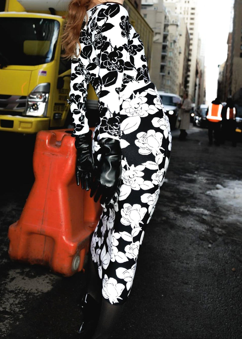 Akim Long Sleeve Floral Two Piece Midi Dress In Black White