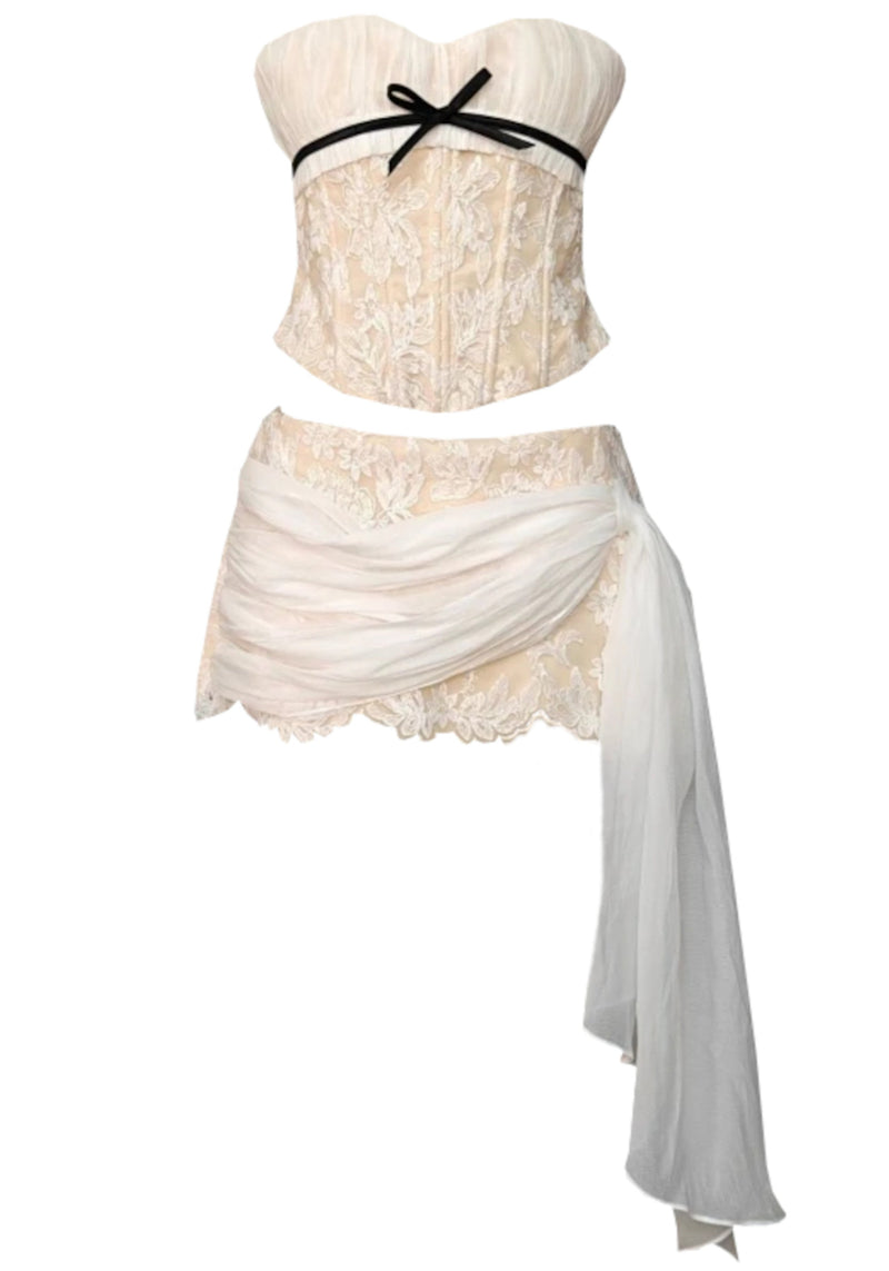 Gaelith Strapless Floral Corset Two Piece Dress In Ivory