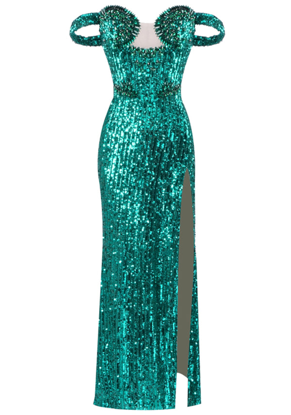 Brinzara Bardot Bustier Sequin Maxi Dress In Green