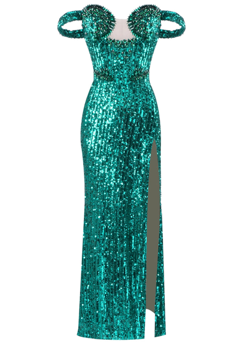 Brinzara Bardot Bustier Sequin Maxi Dress In Green