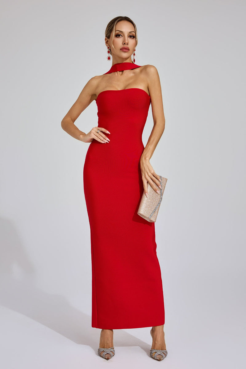 Karen Cutout Halter Backless Maxi Dress In Red