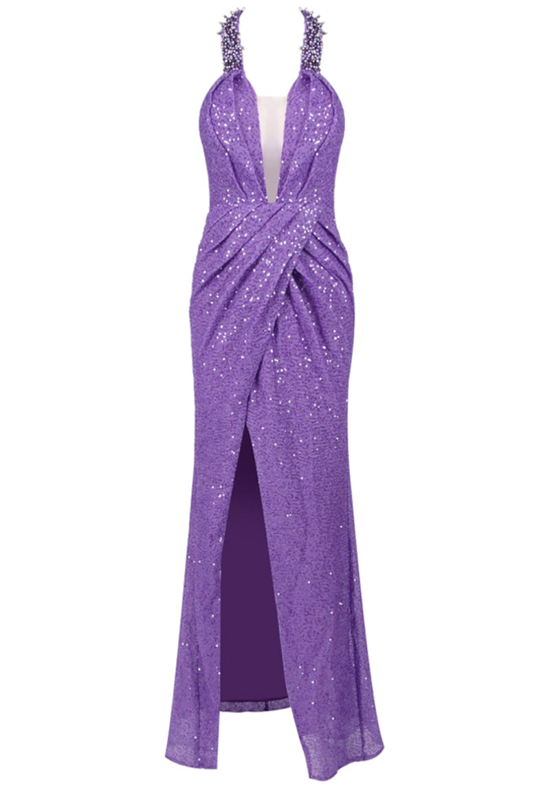 Tosca Halter Sequin Maxi Dress In Purple