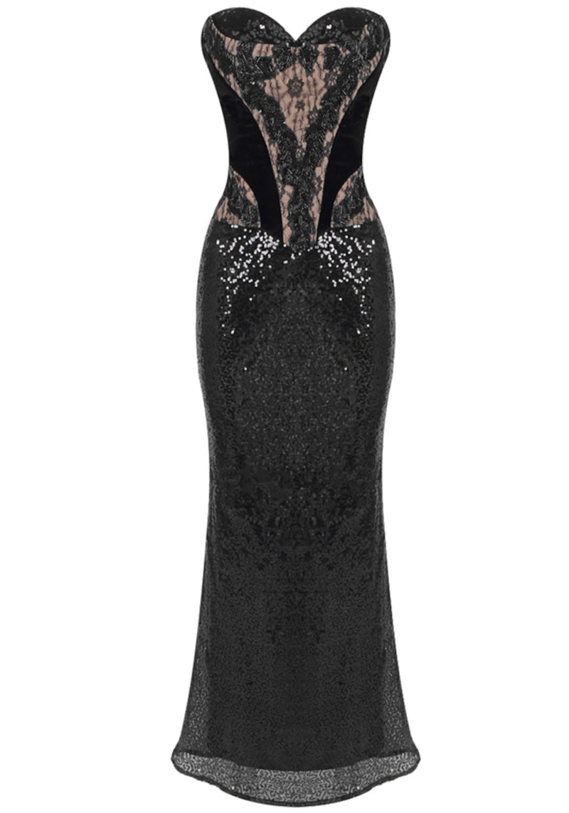 Crythia Strapless Lace Sequin Maxi Dress In Black