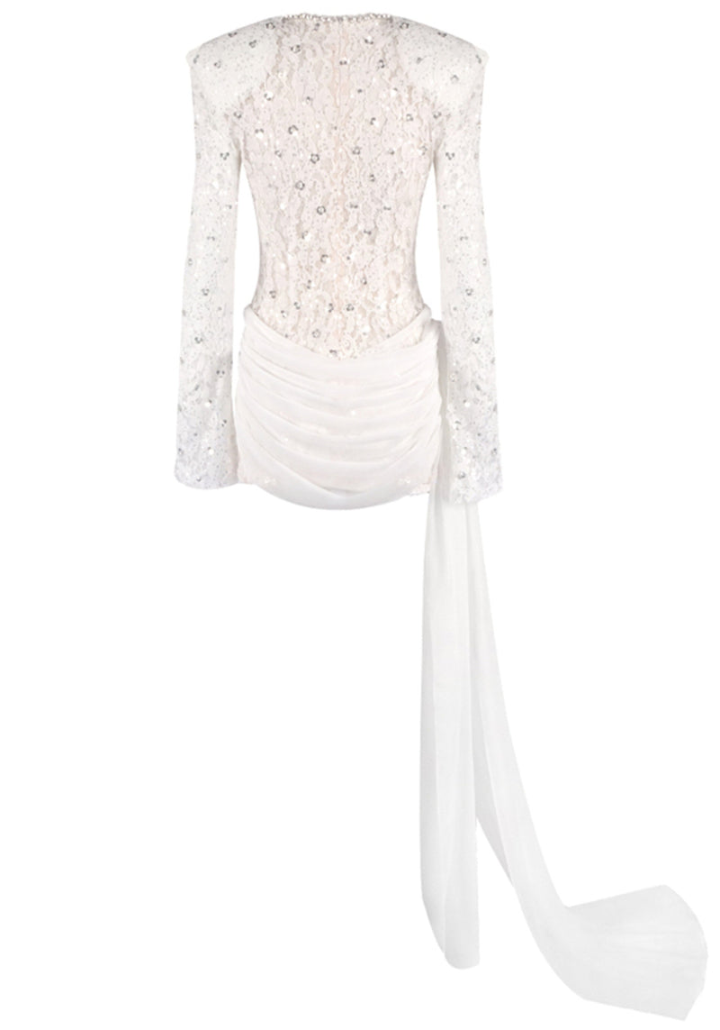 Jyrithia Long Sleeve Draped Sequin Lace Mini Dress In White