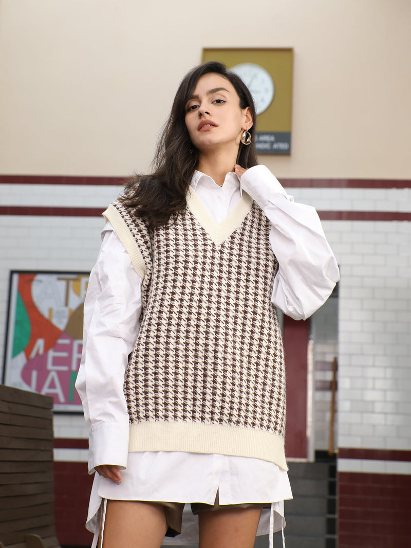 Knitted Plaid V-Neck Sweater Vest