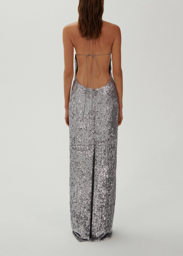 Devrim Floral-Appliqué Sequin Maxi Dress In Silver