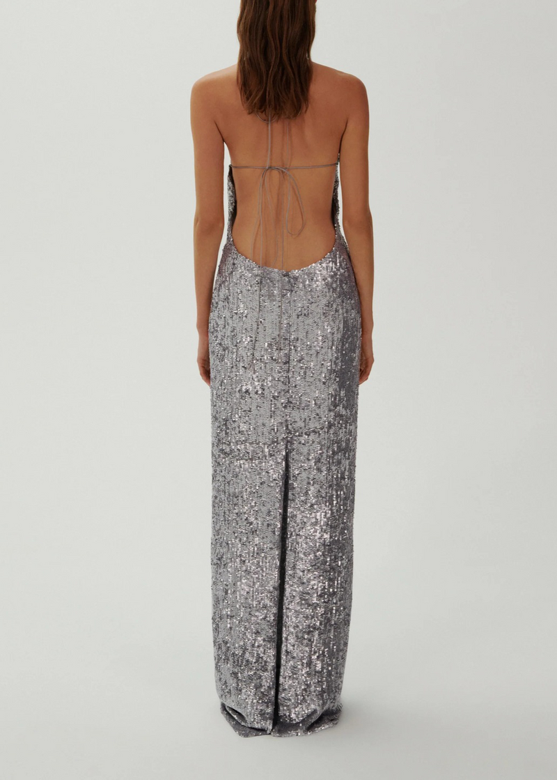 Devrim Floral-Appliqué Sequin Maxi Dress In Silver