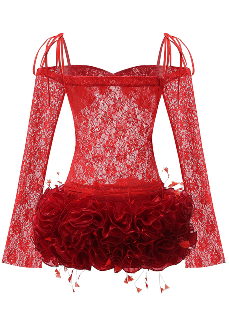 Blythessa Long Sleeve Lace Floral Ruffle Mini Dress In Red