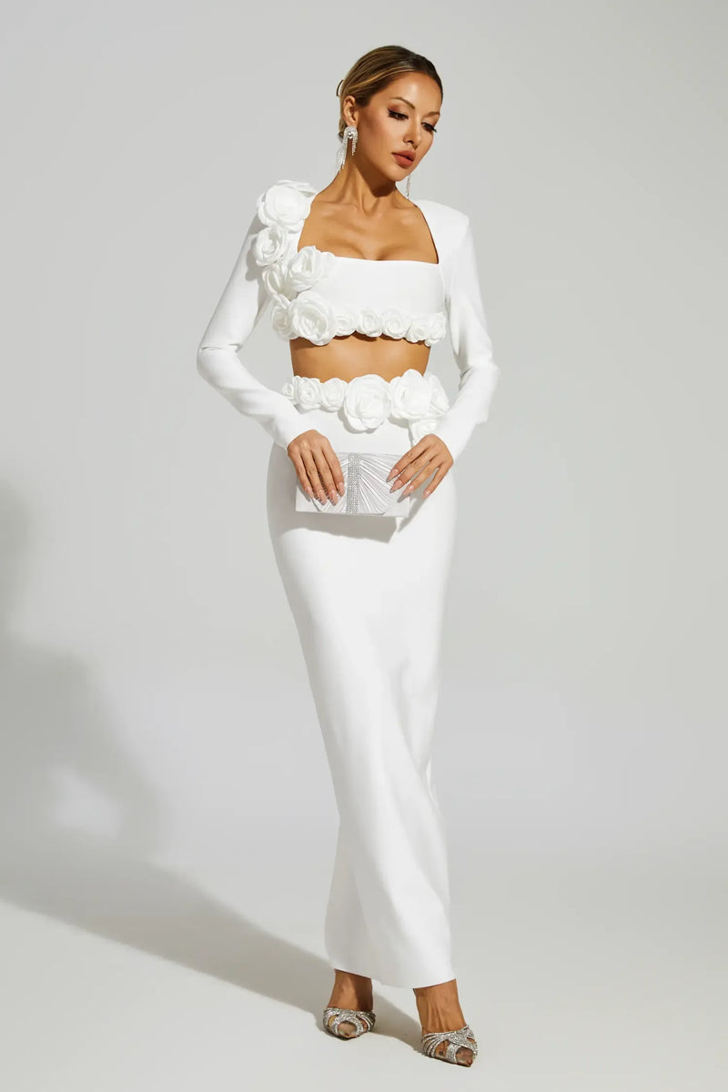 Dellis Flower Bandage Skirt Set In White