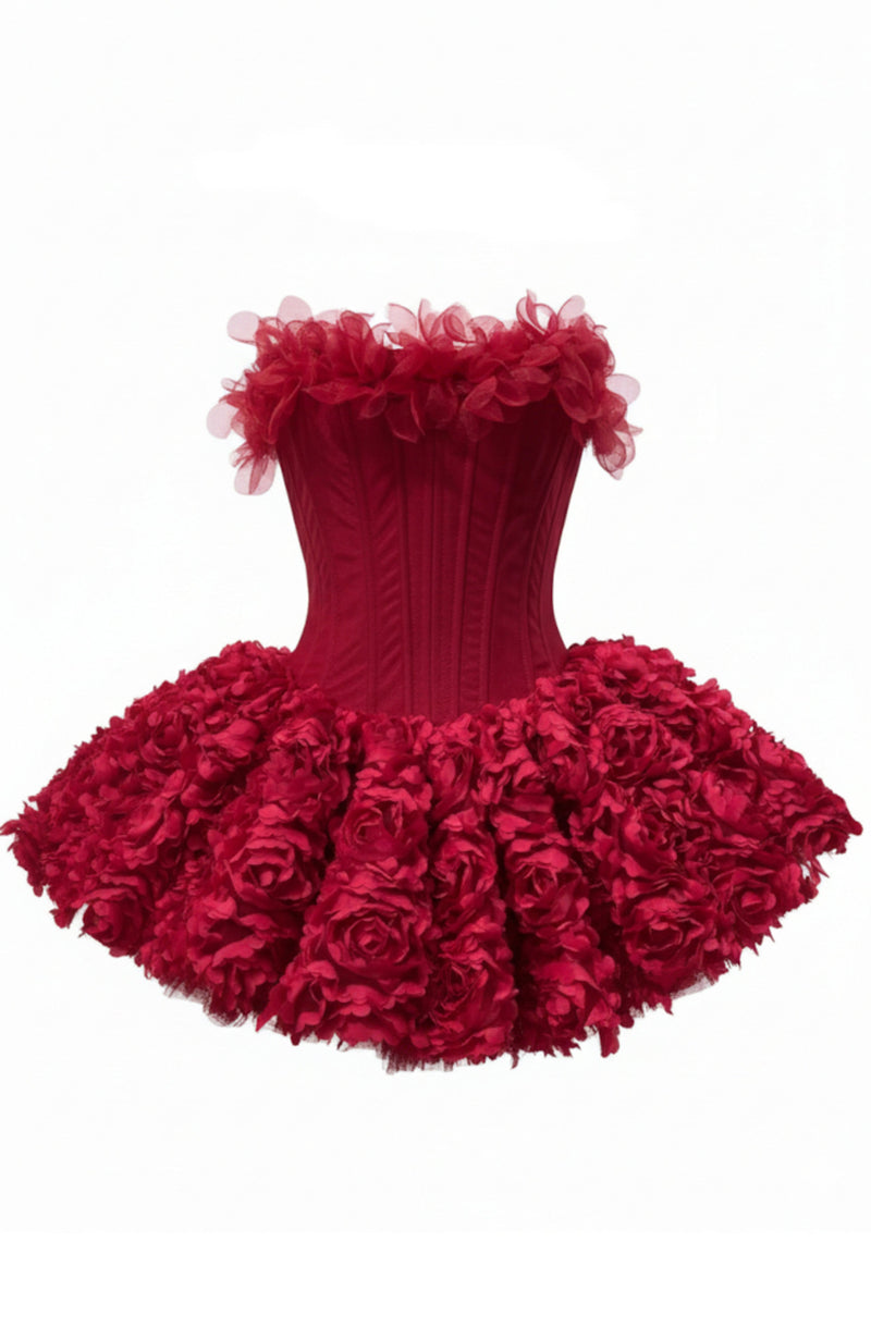 Lizzie Strapless Petal Floral Corset A Line Mini Dress In Red
