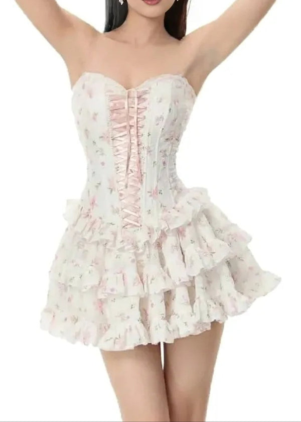 Lenker Strapless Floral Ruffle Corset Dress White In Pink