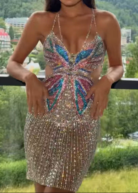 Seraphilus Sequin Crystal Mini Dress In Nude