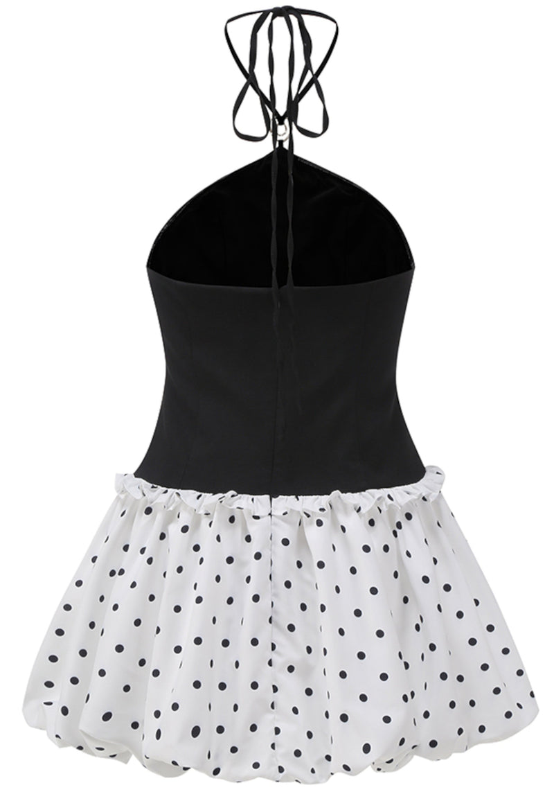 Jania Halter Pearl Polka Dots Puff Dress In Black White
