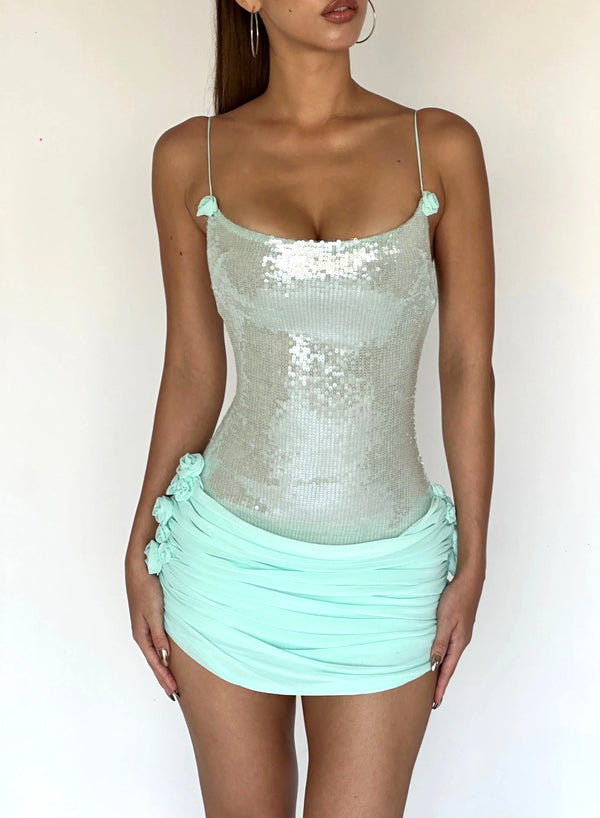 Quivyx Sequin Floral Draped Corset Mini Dress In Green