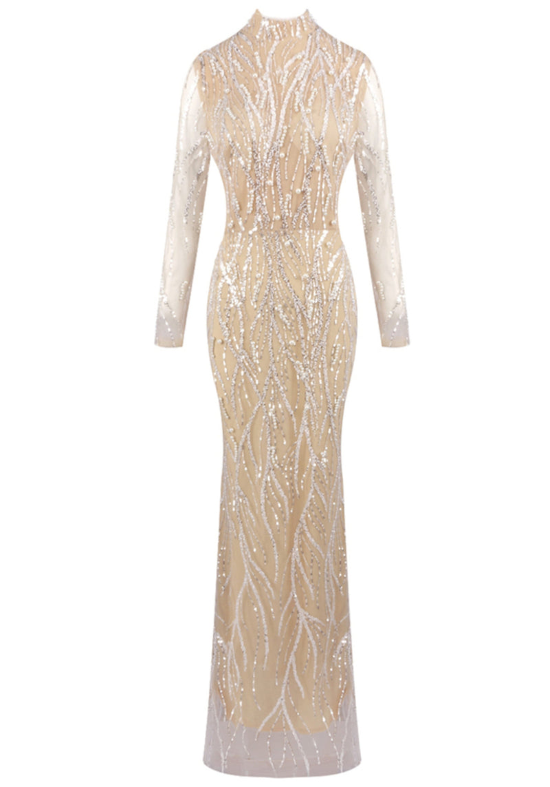 Charnita Long Sleeve Sequin Pearl Maxi Dress In Nude