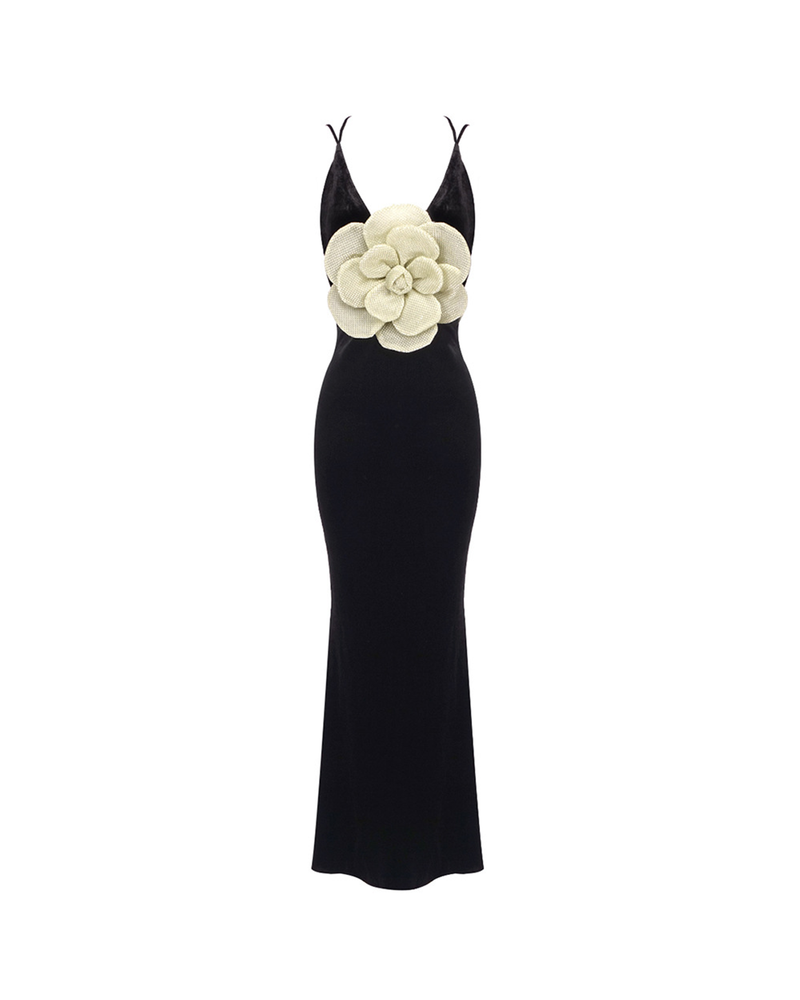 Lieda Gold 3D Flower Bodycon Maxi Dress In Black