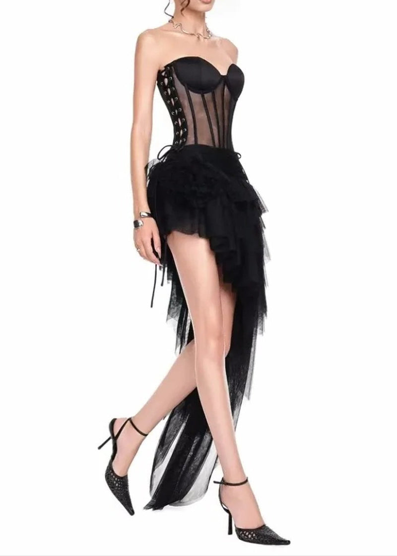 Olthrion Strapless Corset Ruffle Two Piece Dress In Black