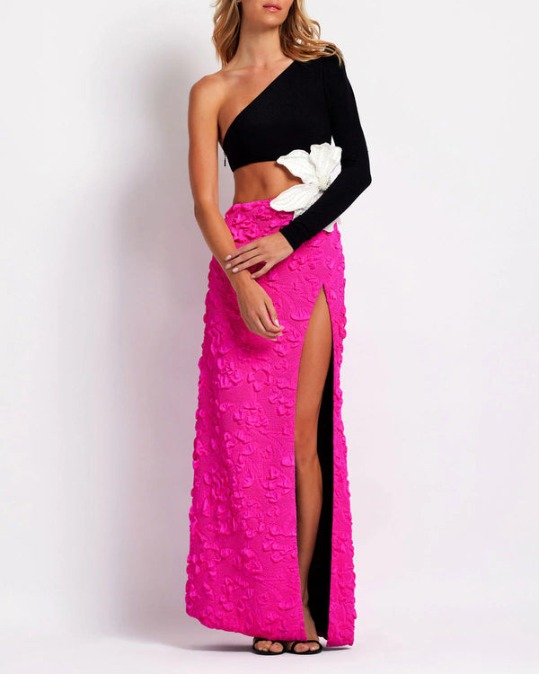 Unika Colorblock Beaded Floral One-Shoulder Bandage Maxi Dress