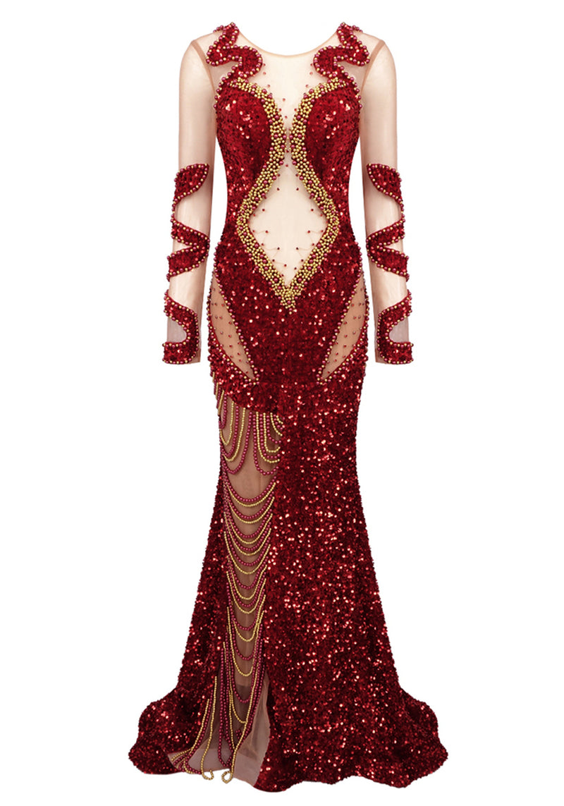 Orsolya Long Sleeve Sequin Mermaid Maxi Dress In Red
