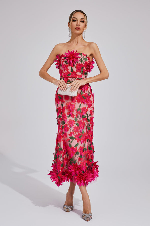 Chasity 3D Flower Embroidery Strapless Midi Dress In Rose Red