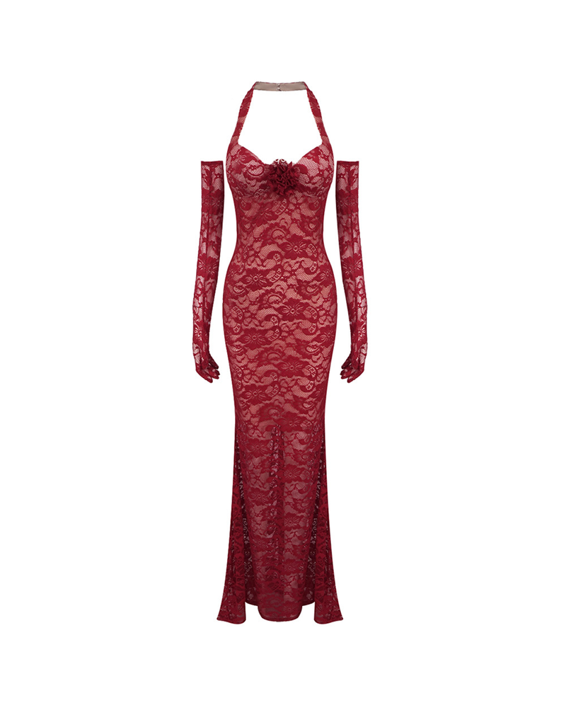 Denali Lace Mesh Maxi Dress In Wine Red