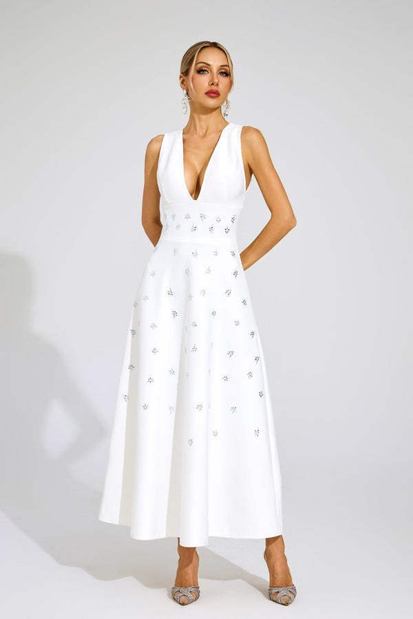 Dakari Crystal Embellished A Line Midi Dress In White