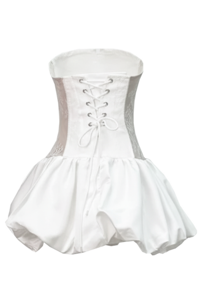 Poseidon Strapless Floral Lace Corset Puff Mini Dress In White