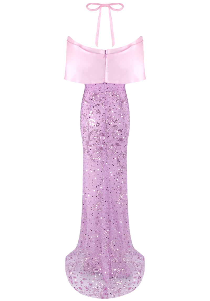 Jasani Halter Bardot Crystal Sequin Maxi Dress In Pink