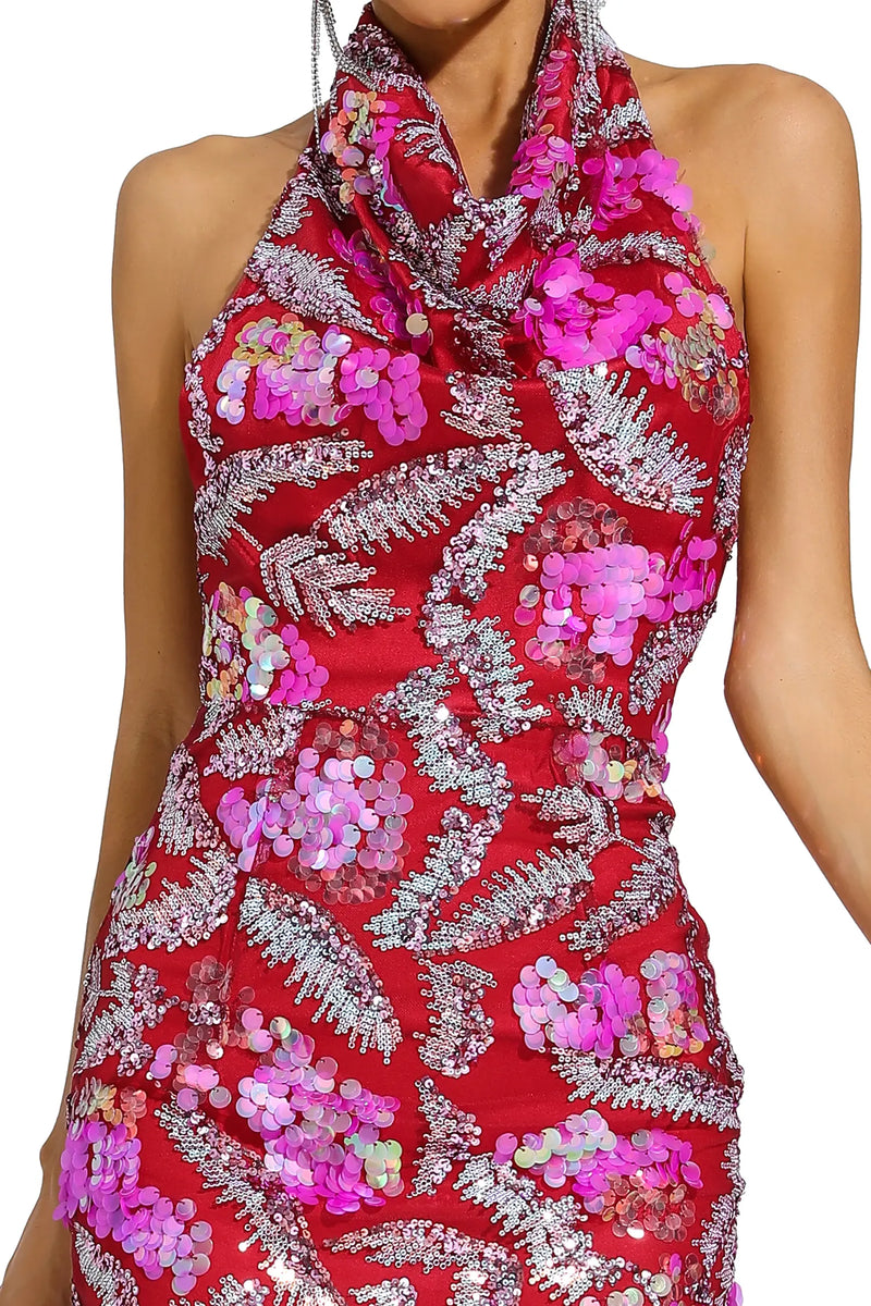Aocoa Rose Red Sequins Halter Dress